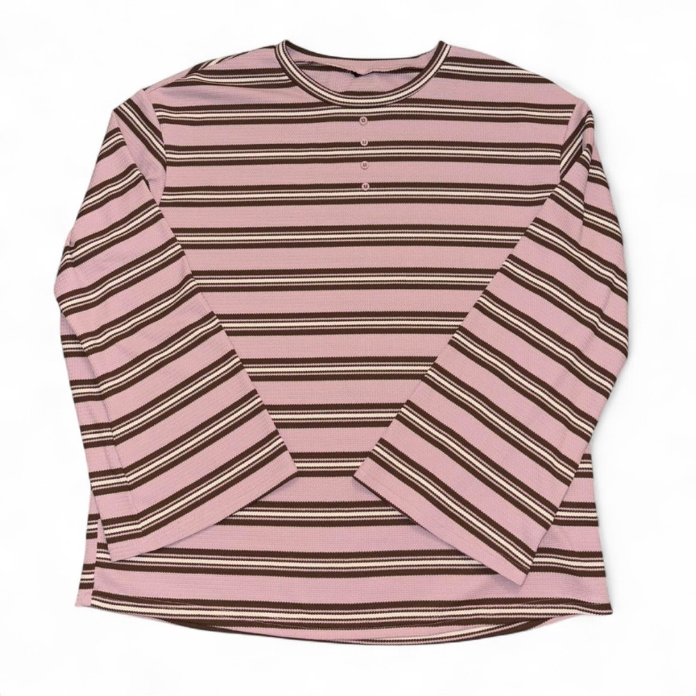 Shein Pink & Brown Striped Waffle Knit Long Sleeve Blouse